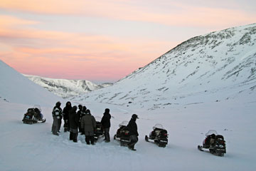 Snowmobile routes to Recue Centre Kuelporr in Khibiny Tundra on Kola Peninsula
